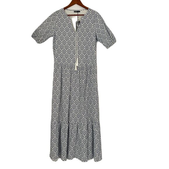 Noracora Dress Women S White Blue Damask Maxi Tier Cotton Linen Cottage Boho NWT - Picture 1 of 12